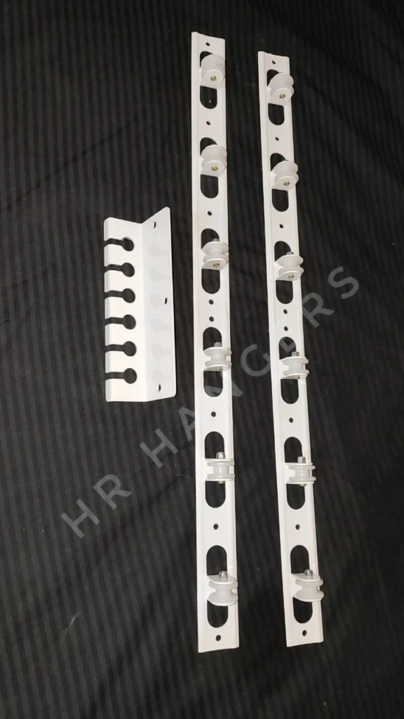Heavy-duty white powder-coated steel brackets for ceiling-mounted clothes drying hangers by HR Hangers.