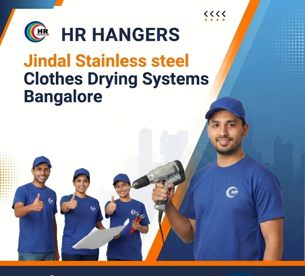 HR Hangers professional installation team working on Jindal stainless steel clothes drying hanger in Bangalore