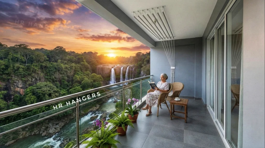 Ceiling-mounted Jindal stainless steel clothes drying hanger with pulley system installed in a balcony.